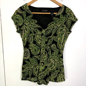 Axcess Top Womens M Ruched Front Paisley Green Fairy Grunge Y2K Sheer Sleeves